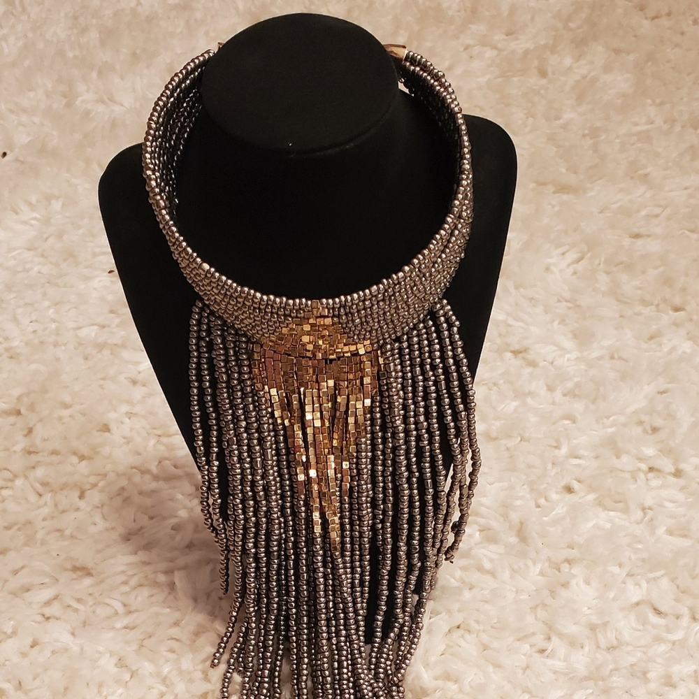 Beaded Silver & Gold Long Statement Necklace